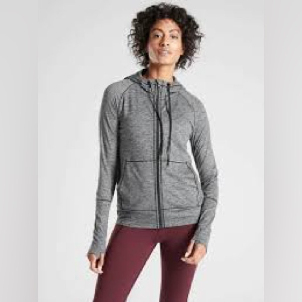 Athleta gray Uptempo Hoodie full zip lightweight athletic jacket, size medium.
